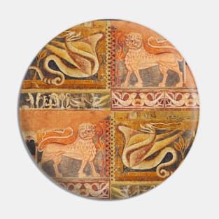 LION AND DRAGON Medieval Fresco in Yellow Orange Pin