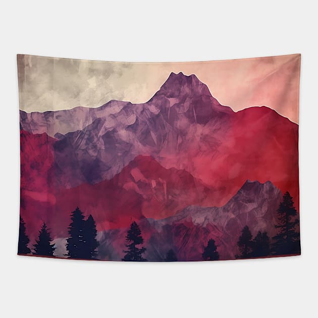 Textured Red and Purple Mountains and Trees Tapestry by The Art Mage