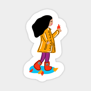 Lovely Autumn Girl With Rain Coat, Boots And Fall Leaves (Medium Skin Tone) Magnet