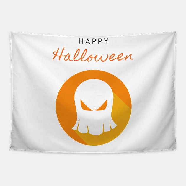 Happy Halloween Orange Moon Ghost Tapestry by Kiyiya Designs