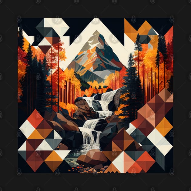 Autumn Geometric Mountain Waterfall by The Art Mage