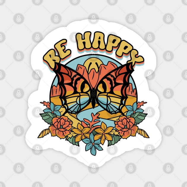 Be happy vintage butterfly rocky mountains sunset Magnet by alcoshirts