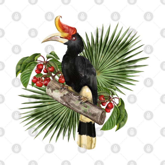 Illustration Hand drawn of Hornbill bird and flowers. by Lewzy Design