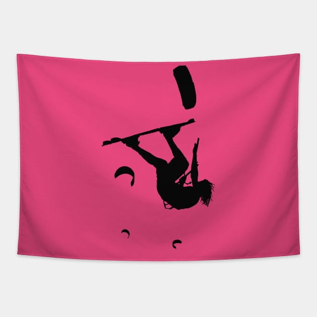 Kitesurfer Somersaulting Black Vector Silhouette Tapestry by taiche