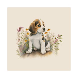 Beagle Baby Puppy Dog Brown Watercolor Floral Art #6 T-Shirt