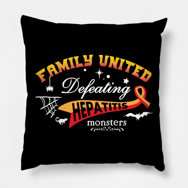 Hepatitis awareness red yellow ribbon Family united Defeating Hepatitis monsters Pillow by Shaderepublic