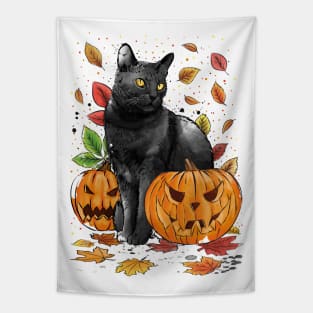 Cat Leaves and Pumpkins Tapestry