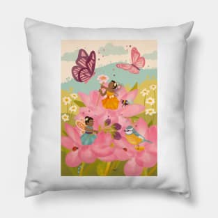 Beautiful Black Flower Fairies playing with their woodland friends Pillow