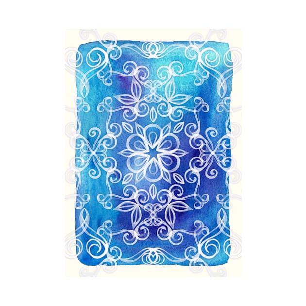 White Floral Painted Pattern on Blue Watercolor by micklyn