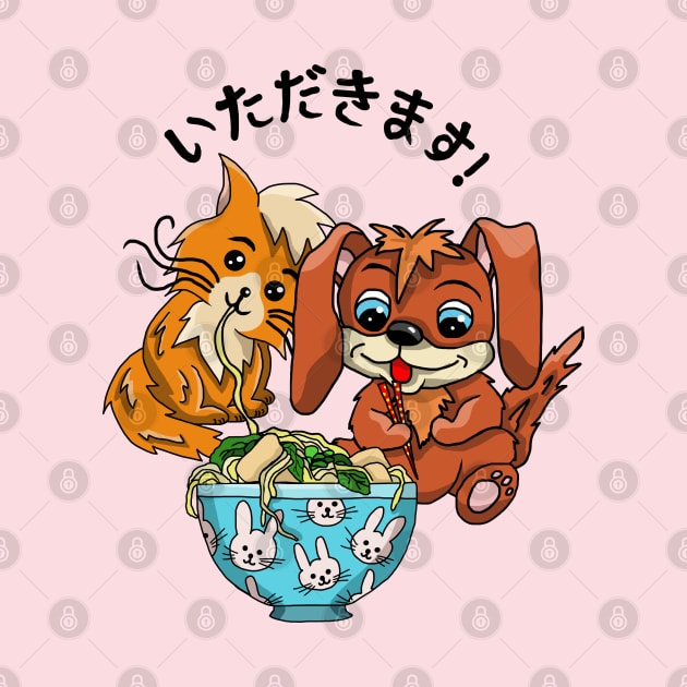 Cute cat and dog eating ramen noodles by cuisinecat