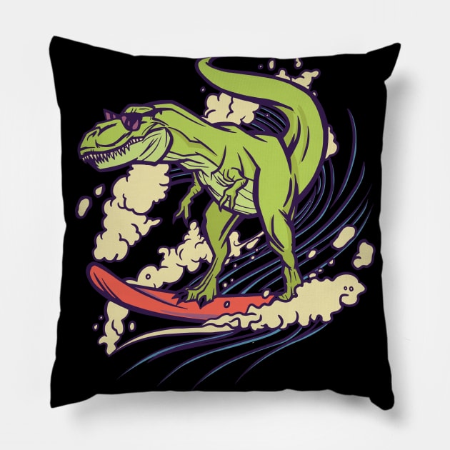 dinosaur surfing cool funny cartoon Pillow by Midoart