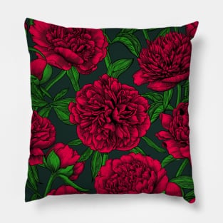 Night peony garden in red and green Pillow