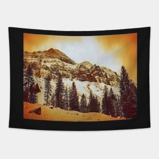 Sepia toned photo of snow capped mountains in Switzerland Tapestry