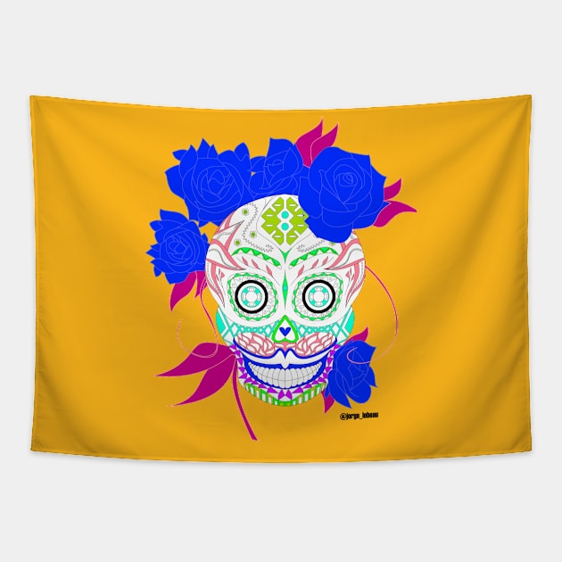 blue in bloom rose calavera catrina ecopop Tapestry by jorge_lebeau