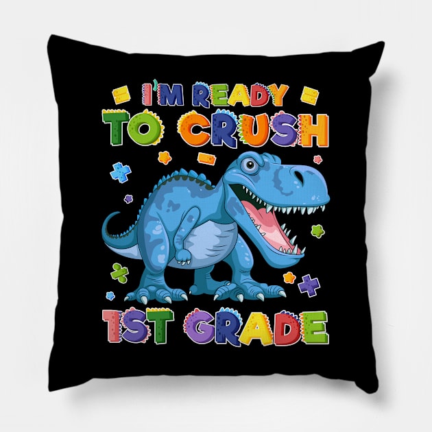 Kids 1st Day of School Crush 1st Grade Trex Dinosaur Gift Kids Pillow by Sky full of art