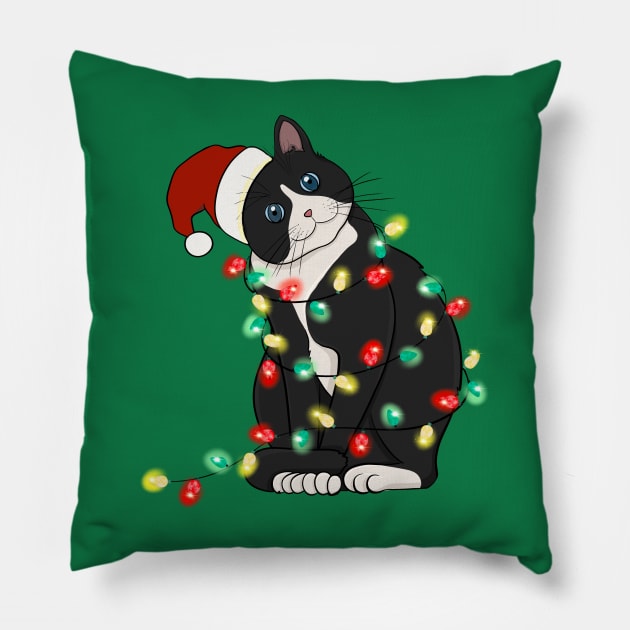 Cat Santa Christmas Lights Pillow by Teewyld