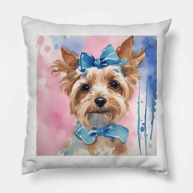 Cute preppy Terrier with blue bows watercolor painting Pillow by SophieClimaArt