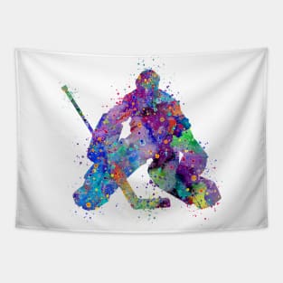 Ice Hockey Boy Goalie Colorful Watercolor Tapestry