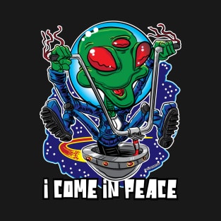 I Come in Peace Alien UFO with Handlebars T-Shirt