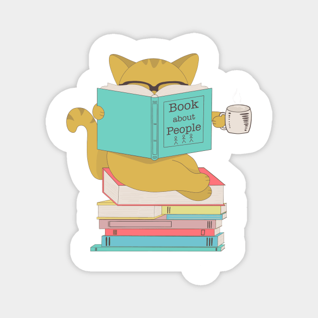 \Cat with glasses drinking coffee or tea and reading book about people Magnet by gogo-jr