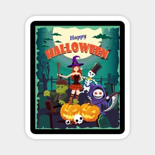 Halloween Card Design With Witch,Reaper,Skeleton Magnet