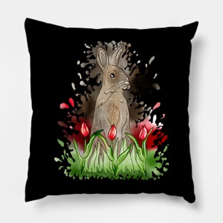 European Rabbit Watercolor Splash With Black Background Pillow