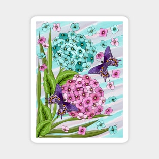 Hydrangea Flowers And Swallowtail Butterflies Magnet