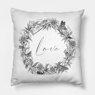 Tropical Flowers Wreath Vintage Botanical Illustration with butterflies and Love Sign Pillow