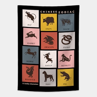 Vintage Chinese Zodiac 12 Characters Tapestry