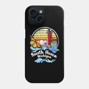 South Haven Michigan USA Lighthouse on South Beach Pier with Monarch Butterfly and Blueberries Phone Case