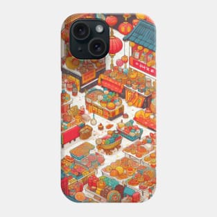 A bustling market scene filled with stalls offering traditional Chinese New Year goodies, decorations, and symbolic items. Capture the excitement and prosperity of the holiday. Phone Case