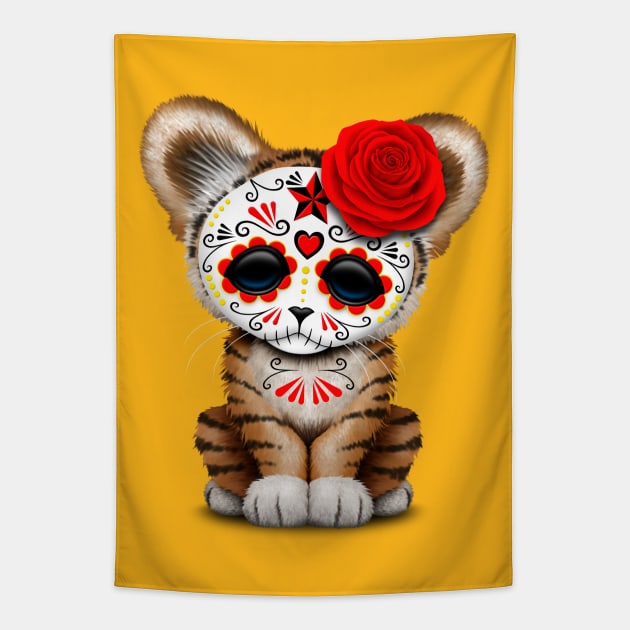 Red Day of the Dead Sugar Skull Tiger Cub Tapestry by jeffbartels