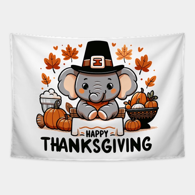 "Thanksgiving Joy" - Cute Elephant Celebrating Thanksgiving Design Tapestry by WEARWORLD