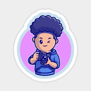 Cute Boy Photographer Holding Camera Cartoon Magnet