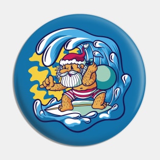 Surfing Santa Claus Cartoon Pin