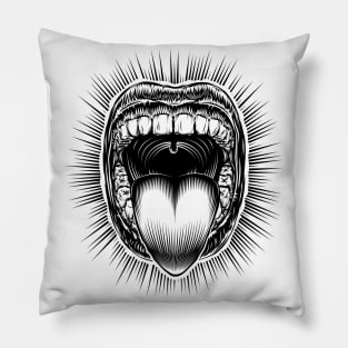 Mouth Open Tongue Scream Vintage Ink Hand Drawing Monochrome Pillow