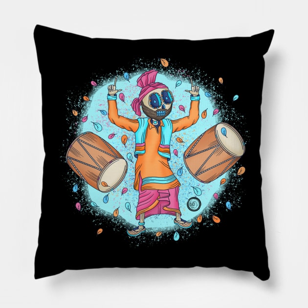 Cute Skeleton Dancing - Dia De Los Muertos - Punjabi Sardar - Bhangra Dancing skeleton Pillow by Scriptnbones