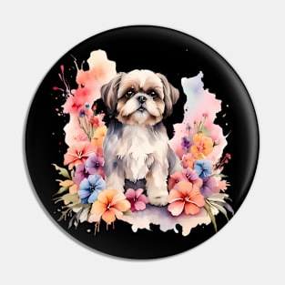 A shih tzu decorated with beautiful watercolor flowers Pin