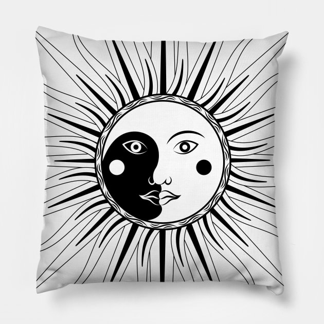 Sun Moon Face Black and White Pillow by Julia_Faranchuk