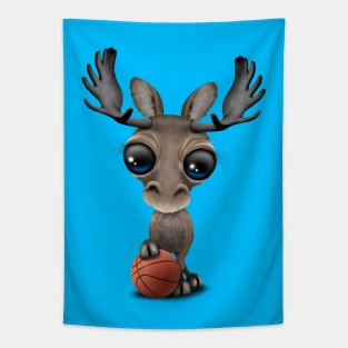 Cute Baby Moose Playing With Basketball Tapestry