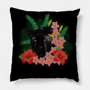 Black leopard Panther, Tropical Floral, Big Cat Pillow