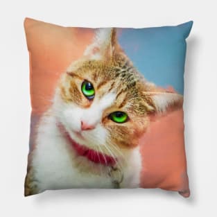 a cat tilting her head in the sky Pillow