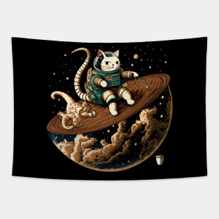 cat in space of Kanagawa  monster setting on coffee earth Tapestry