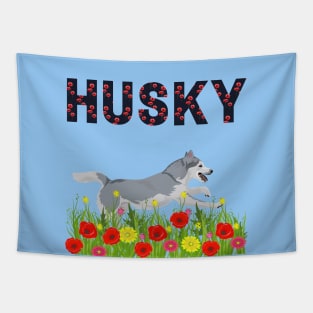 Siberian Husky Dog Jumping in Poppy Flower Meadow Tapestry