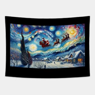 Santa & Reindeer Under Starry Skies - Van Gogh-Inspired Art Prints Tapestry