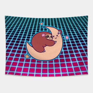 Sloth Hugging Moon Vaporwave Grid Tapestry