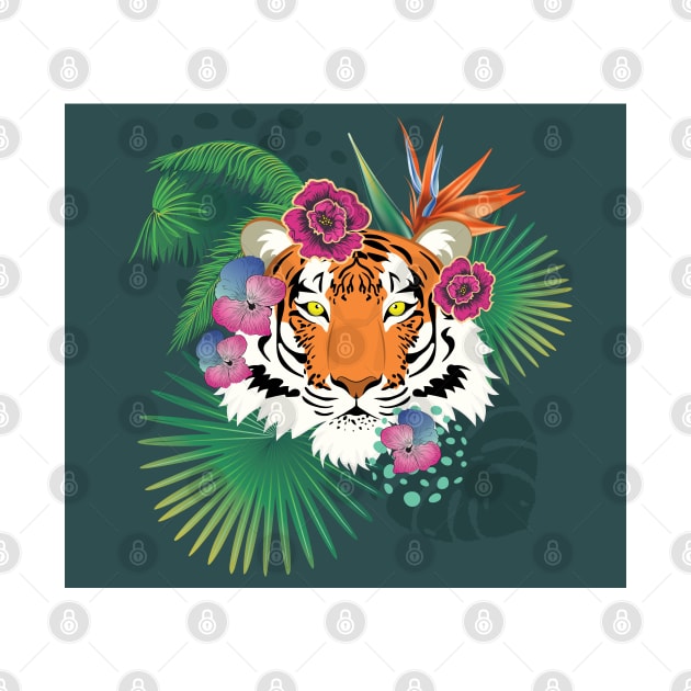 Red tiger head with tropical foliage by AnnArtshock