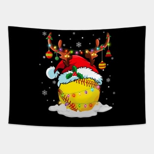 Reindeer Santa Hat Softball Christmas Lights Xmas Tapestry