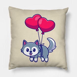 Cute Husky Dog Floating With Heart Balloons Pillow