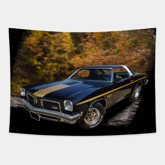 1974 Hurst Olds 442 in our fall day series on back Tapestry by Permages LLC